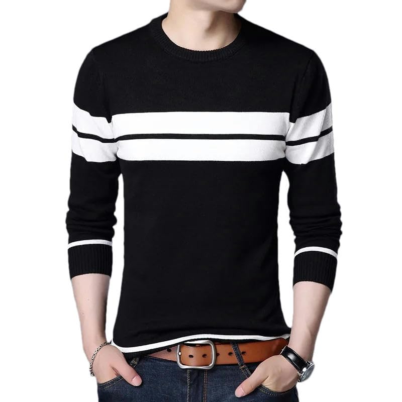 Pull tricoté homme col rond au design patchwork et rayures géométriques