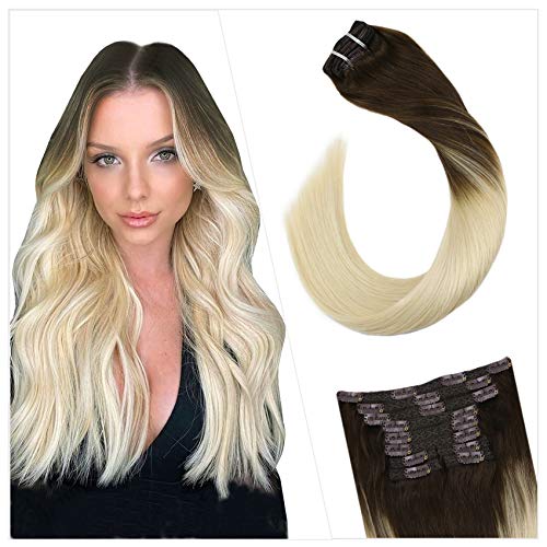 Ugeat Human Hair Extensions Clip in Blonde 24 Inch Balayage Clip in Straight Hair Extensions Ombre Darkest Brown to Platinum Blonde 10PCS Double Weft Clip Human Hair Extensions