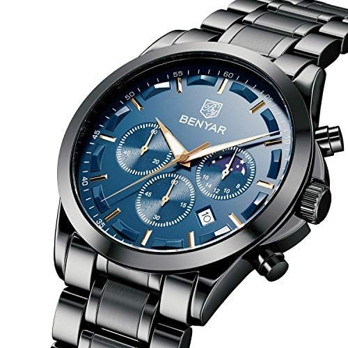 Image of BENYAR Men's Watches Waterproof Sport Military Watch for Men Multifunction Chronograph Black Fashion Quartz Wristwatches Calendar with Leather Strap