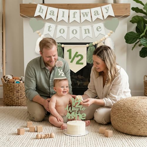 1/2 Birthday Boy Half Birthday Decorations Half Way to One Baby Boy High Chair Banner With Cone Hat,Half Cake Topper And 6 Months Birthday Garland Photo Props For Boy Wall Hangings Decorations(1/2 Green-1) by Packyouth - Used condition - Image 4