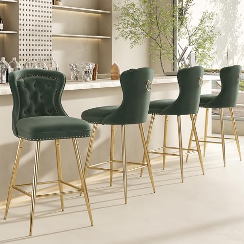 Farini Bar Stools Set of 4, Velvet Counter Height Bar Stools with Metal Legs, Button Tufted and Nailheads Trim, Wing-Back Bar Chairs for Kitchen Island Dining Room Pub, Green