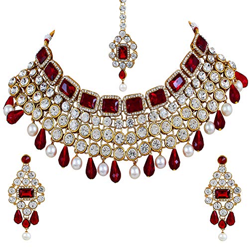 Shining Diva Party Wear Crystal Choker Traditional Jewellery Necklace Set with Maang Tikka Earrings for Women (Red) (6825s)