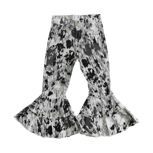 Todder Western Black White Tie-dye Jeans Girl Jeans Ruffle Bell Bottom