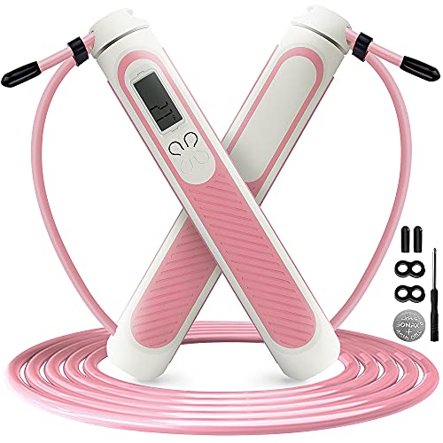 iMoebel Springseil digital Zähler - Speed Rope Verstellbar Seilspringen mit Stahl Seil Anti-Rutsch Schwerer ergonomisch Griffe, Kalorienzähler Timer für Fitness Boxen Abnehmen Crossfit Rosa-Weiß thumbnail