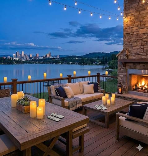 Image of Set of 24 Slim Outdoor LED Candles, Battery Operated Flickering Fake Candles with 10-Key Timers for Patio & Porch Decor, 2.2 Inch Diameter Waterproof Resin Pillars for Large Events & Sconces (White)