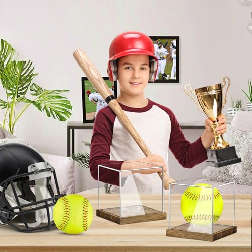 Image of Clear Acrylic Softball Display Case with Wood Base, Memorabilia Stand Cube Holder, Dust Protection Transparent Storage Box for Single Ball Souvenir Softball Collections