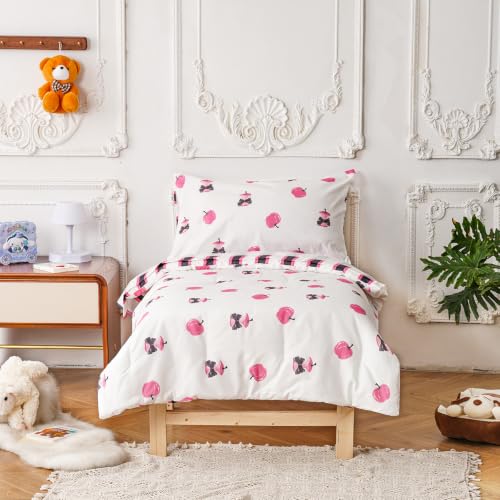 Image of KAREVER Stripes Toddler Bedding Set Pink Apple Print 4 Pieces Crib Bed Set Kids White Pink Striped Comforter Set