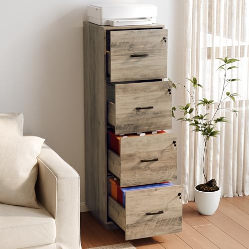Image of VINGLI 4 Drawer File Cabinet with Lock, Home Office Filing Organizer, for Letter Size File Folder Storage, Wood Tall Vertical Filing Cabinet, Printer Stand, Archivador (Rustic Gray)