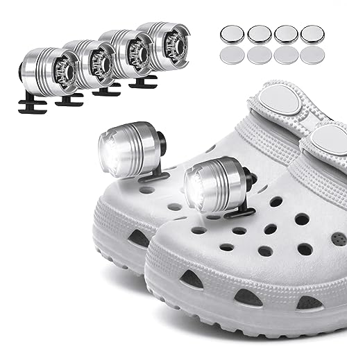 Vagocom 4Pcs Headlights for Croc Shoes LED Torch Light Charms Accessories for Adults and Kids 3 Modes Small Flashlight Headlamp Attachment for Hiking,Camping,Dog Walking(Silver)