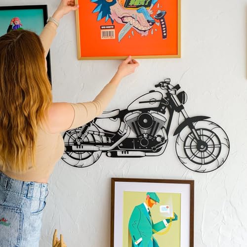 Image of 7 Decore Rustic Wooden Motor Bike Wall Decor in Black Color - Perfect for Bike Enthusiasts | Handcrafted Motor Bike Art Piece for Home, Game Room, Cafe or Office