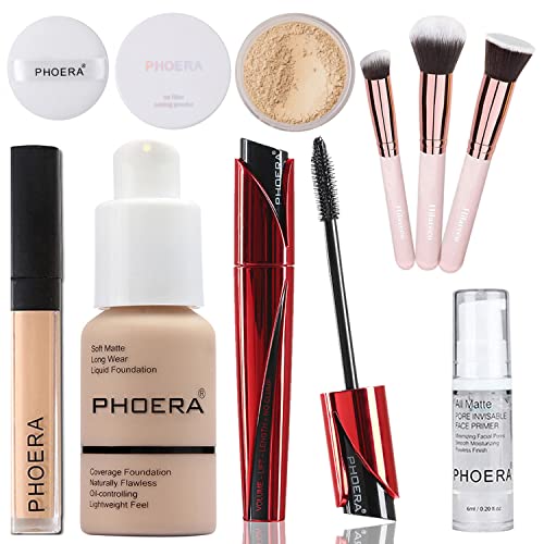 Phoera Foundation,Phoera 9D Mascara,Phoera Makeup Foundation Full Coverage,Phoera Primer, Phoera Powder, Phoera Concealer, Kabuki Brushes Makeup Foundation Brush Powder Brush Concealer,102 Nude #TOP12