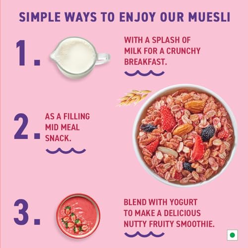 Image of Bagrry's Crunchy Nutty Fruity Muesli with Seeds & Berries 1kg | 78% Fruit, Nuts, Seeds & Multigrains | 99 Calories per serve | Rich in Fibre & Protein | No Artificial Preservatives or Colours | Breakfast Cereal