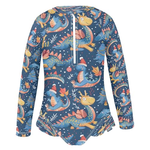 Christmas Cartoon Dragon Girls Long Sleeve Swimsuits One Piece Zipper Bathing Suit UPF 50+ Rashguard Swimwear2