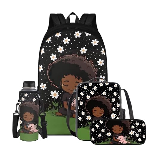 African Little Girl Pattern Backpack for Girls with Lunch Box Back to School Meadow Kids' Backpacks Daisy Kids Lunch Box with Water Bottle Holder School Bag Pencil Box Insulated Water Bottle Bag