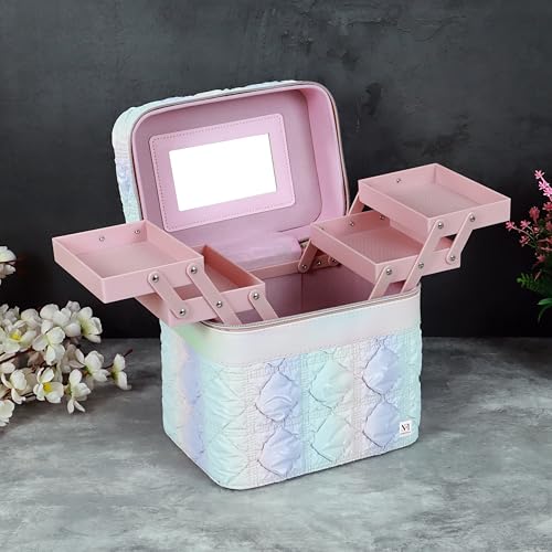 Image of NFI essentials Makeup Box, Vanity Bag, Cosmetic Storage Organiser for Women, Train Case Travel Makeup Pouch Organizer Brush Holder Make up Artist Bridal Trousseau Box for Girls (Quilted)