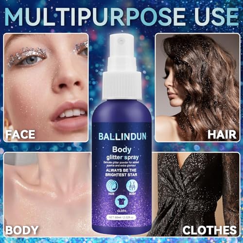 Body Glitter, Face Glitter Spray, Body Glitter Spray for Clothes, Hair and Body, 60ml Long-Lasting Glitter Makeup, Body Shimmer Spray Rave Accessories for Festival Concert Halloween Party - Image 4