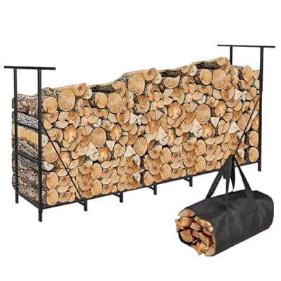 Vailge 8ft Firewood Rack Outdoor, Firewood Rack Holder, Adjustable Heavy Duty Firewood Holder,Outdoor Indoor Fireplace Metal Log Racks for Firewood,with Firewood Bag Carrier,Black
