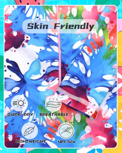 Image of Kids Girls Rash Guard Long Sleeve One Piece Swimsuits Zipper Bathing Suits UPF 50+ Tropical Plant Flowers Ages 3-12