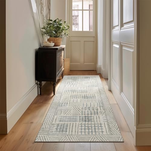Image of Area Rug 2x6 Abstract Geometric Textured Brushstroke - Neutral Gray & Light Blue Modern Minimalist Hallway Runner Rug, Decorative Carpet for Living Room Bedroom Home Decor