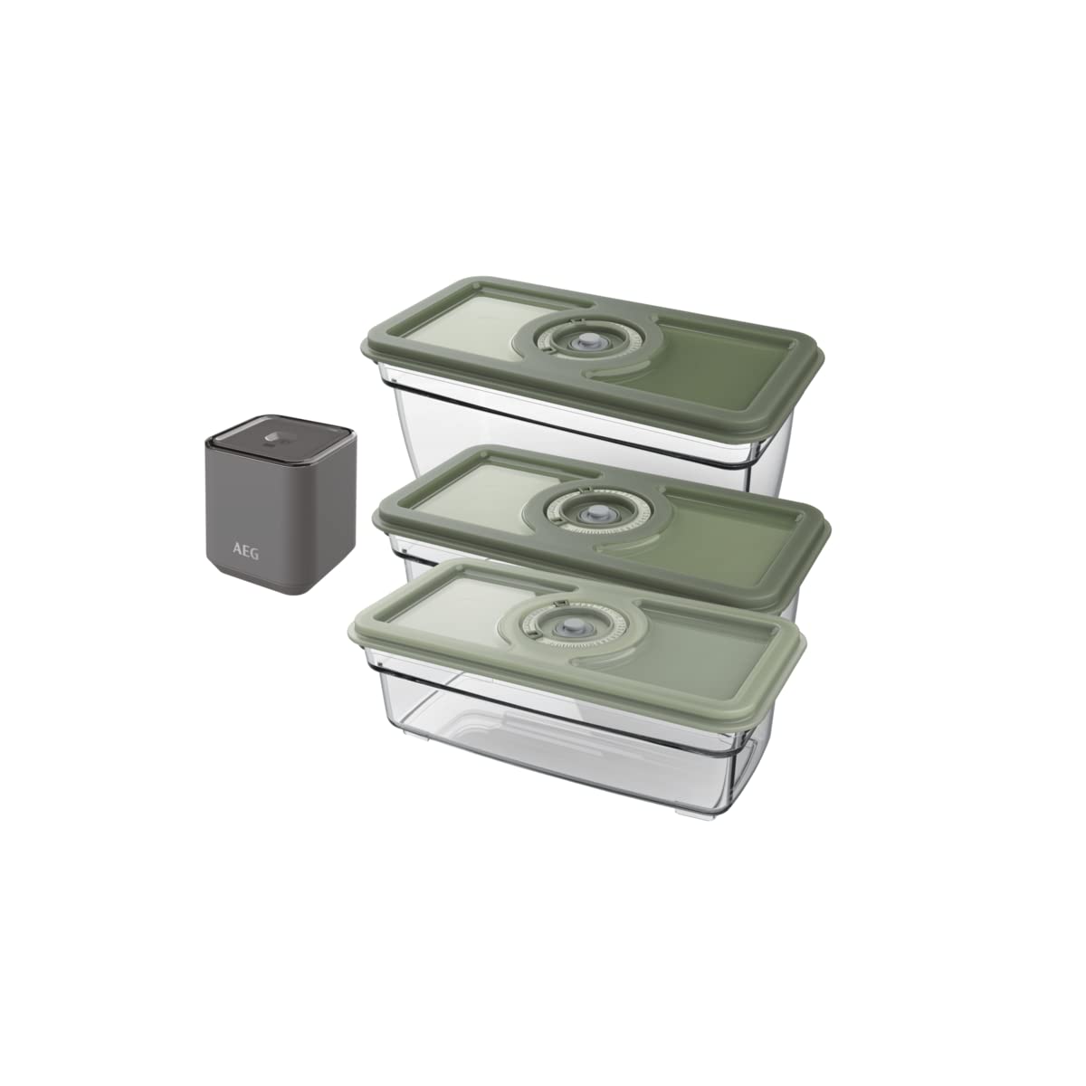 AEG AVFK1+ | Pack 3 Recipientes Herméticos + Bomba de Vacío Eléctrica Portátil - 3 Contenedores al vacío (2x 1L y 1 x 1,6L), Batería de 150 ciclos, Sin BPA, Mejor Conservación de los Alimentos, Gris