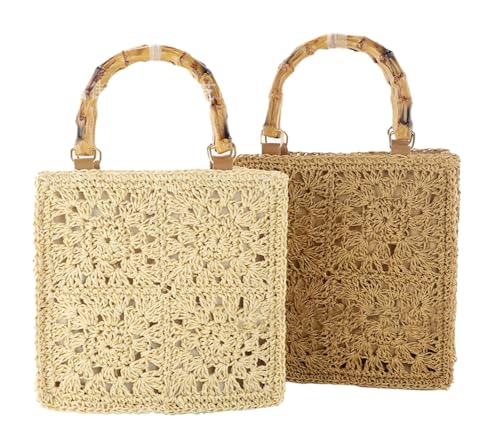 Image of Women Straw Tote Bags Beach Summer Floral Woven Shoulder Purse Travel Beach Handbag Handmade Purse