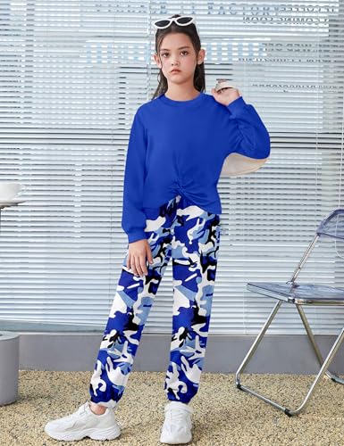 Image of NECIOUS Girls Fall Outfits 2 Piece Fashion Twist Front Pullover Sweatshirt and Camo Pants Clothing Sets 5-14Y