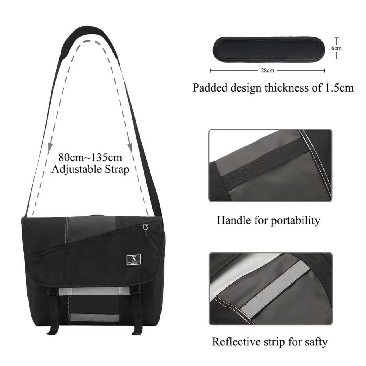 OIWAS Sac messager de 15,6" pour homme - Sac à bandoulière pour ordinateur portable - Sac à bandoulière pour homme - Grand sac pour le travail, les voyages, l'université - Noir