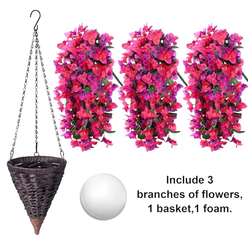 Image of Artificial Bougainvillea Faux Flowers Plants Baskets for Outdoor Outside Decoration, 3PCS Fake Silk Flowers Long Trailing Vines UV Resistant Realistic for Front Door Porch Patio (PurpleHotpink)