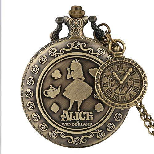 ZMKW Retro Bronze Traum Alice im Wunderland Kaninchen Poker Quarz Tasche Uhrenkette Halskette Anhänger für Mädchen Frauen, mit Uhr Zubehör Cover