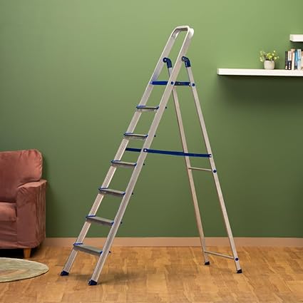 SKP Factory Foldable Aluminum Ladder for Home with Anti Skid Feet, Heavy Platform and Five Year Warranty (7 Steps, Blue)