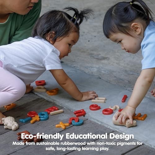 Image of PlanToys Lower Case Alphabet Wooden Learning Set for Kids Ages 3+ | Montessori Educational Resource for Literacy, Letter Recognition & Spelling | Eco-Friendly Early Language Development Tool
