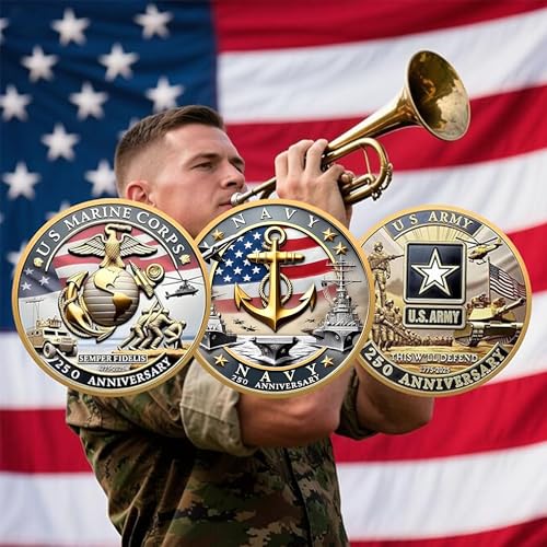 Image of Army 250th Anniversary Coin - Navy 250th Anniversary Coin - Army Challenge Coin - USMC 250th Commemorative Double-Sided Marine Corps Challenge Coin with Metal Gift Box - 1.57 inch Display