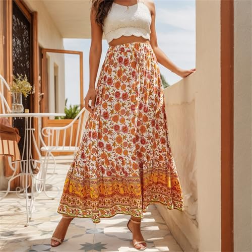 Women's Boho Floral Long Maxi Skirt Casual Summer Pleated Elastic High Waist Split Vacation Skirts2