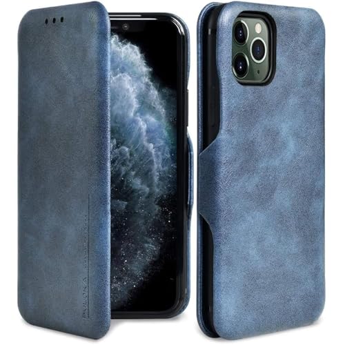 Image of PULOKA for iPhone 13 Pro Max - Sleek Flip Case - Premium Vegan Leather Phone Cover with Card Slot - Slim, Durable, Privacy Protection - Kickstand Function - Elegant Flip Wallet Cases for Apple - Blue
