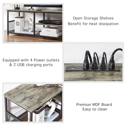 VECELO TV Stand with Power Outlets for Televisions up to 80Inch, 70" Media Entertainment Center with Charging Station 3-Tier Open Storage Shelves with Metal Frame for Living Room/Bedroom,Grey
