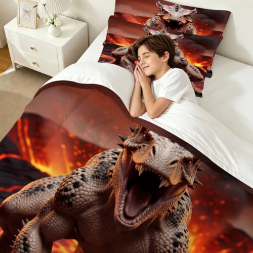 Image of King Size Dinosaur Comfortr Set Boys Kids Bedding Set Room Decor | Scary Monster Dinosaur 3 Piece Bedding Set for Boys Teens, Soft Microfiber All Season Bed Set with 1 Comforter 2 Pillowcases
