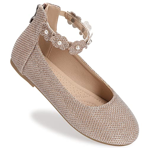 Trary Girls Flats With Ankle Strap - Ballet Flower Dress Shoes Gold Glitter Size 13 #TOP25