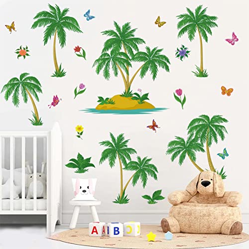 Mefoss Green Sea Island Palm Trees Wall Decals Flowers And Butterflies Wall Stickers Peel And Stick Removable Tropical Wall Decal Art Sticker For Living Room Kids Bedroom Playroom Nursery Wall Decor #TOP1