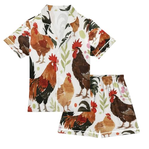 Satin Pajama Sets Short Sleeve Chicken Pattern with Green Leaves Button Down Silky Nightwear 2 Piece PJS 5-14Y