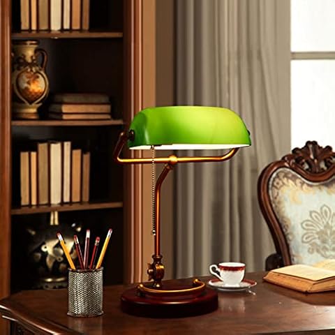 LOGT Retro Brass Banker Lamp with Green Shade Cover