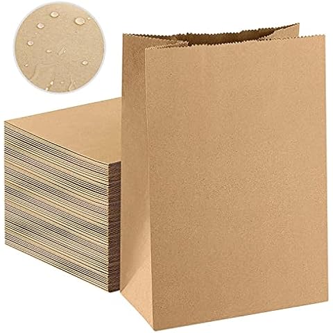 50pcs Paper Bags, 15X9X27cm Greaseproof Paper Food Bags, Pure Kraft Paper for Grocery, Snack, Lunch, Birthday, Xmas Party Supplier and Wedding (Thicken 80 g./m2) Cover