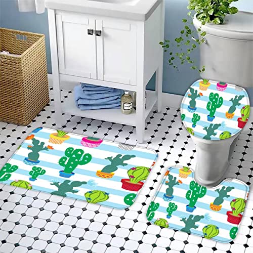 Badezimmerteppich-Set 3Teilig Kaktus rutschfest Waschbar Badematte Badezimmer Weich Mikrofasern WC-Deckelbezug blau… – Bild 4