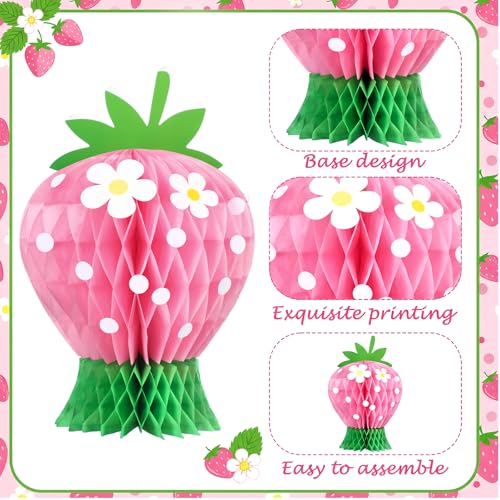 Image of Amyhill 4 Pcs Strawberry Party Decorations Large Strawberry Honeycomb Centerpieces 3D Berry First Table Decor Fruits Paper Honeycomb Decorations for Birthday Summer Shower Party Favor (Pink Red)