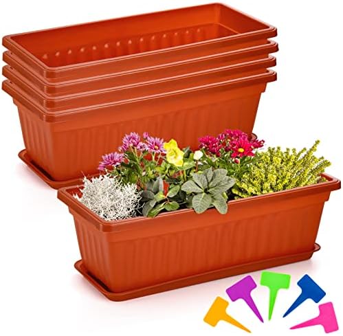 Fasmov 5 Pack 17 Inches Flower Window Box Plastic Vegetable Planters with Trays Vegetables Growing Container Garden Flower Plant Pot with 5 Pcs Plant Labels for Balcony, Patio, Garden, Orange