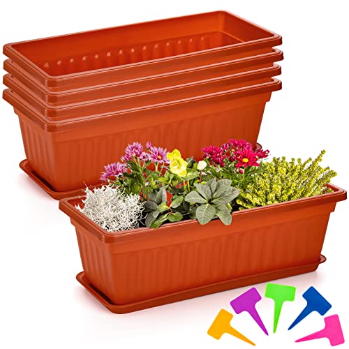 Fasmov 5 Pack 17 Inches Flower Window Box Plastic Vegetable Planters With Trays Vegetables Growing Container Garden Flower Plant Pot With 5 Pcs Plant Labels For Balcony, Patio, Garden, Orange #TOP13