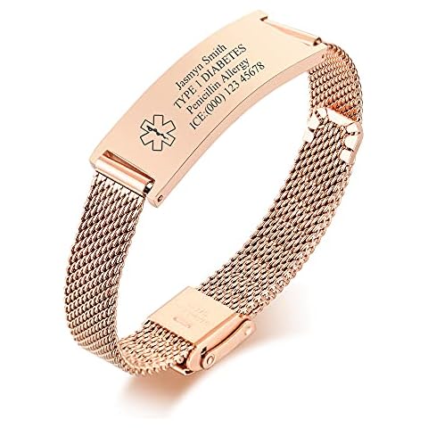 FLHEART Personalised Medical ID Bracelet Matching Stainless Steel Mesh ID Strap Watchband for Mens Womens Teens Adjustable Customised SOS Emergency Mesh Wire Belt Buckle Medical Alert Bracelets Cover