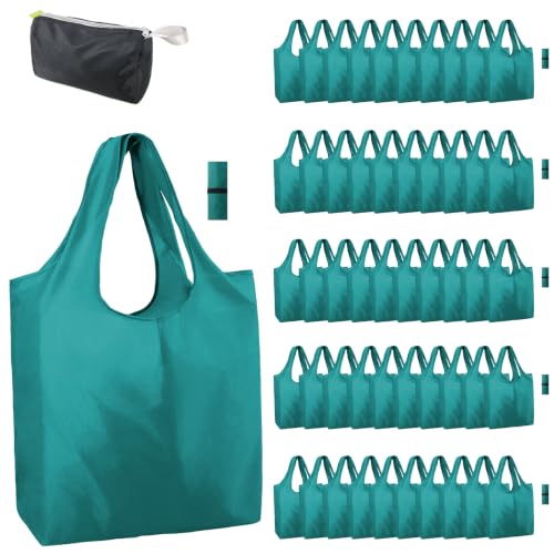 BeeGreen Marrs Reusable Grocery Bags Wholesale Green Reusable Kitchen Bags Bulk Foldable-Machine Washable with Zipper Storage Pouch 50 Packs