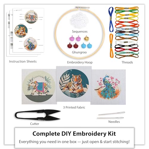 Image of picknMAKE Combo of 3 Full DIY Hand Embroidery Kits for Beginners | New Hobby Kit for Adults & Kids | Pre-Printed Fabric Panels with Threads, Needles, Hoop, Sequins & Instruction Guide