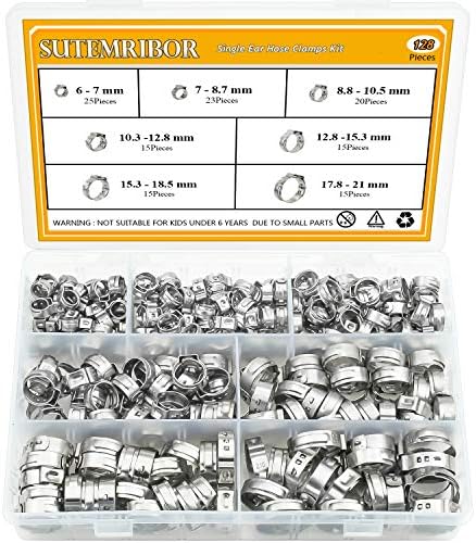 Sutemribor 304 Stainless Steel 7-21mm Single Ear Hose Clamps Assortment Kit, 128PCS