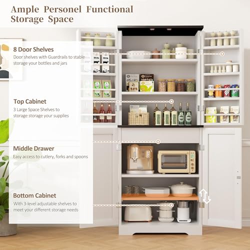 Image of Shintenchi Kitchen Pantry Cabinet, Freestanding Farmhouse Storage Cabinet with 8 Door Shelves, 2 Cabinets and 1 Drawer, Tall Cupboard for Kitchen, Living Room, Dining Room and Bathroom, White